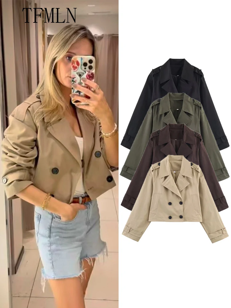 

Модные женские укороченные плащи, шикарные повседневные двубортные ветровки с зубцами, уличная женская верхняя одежда, новинка осени 2023 года