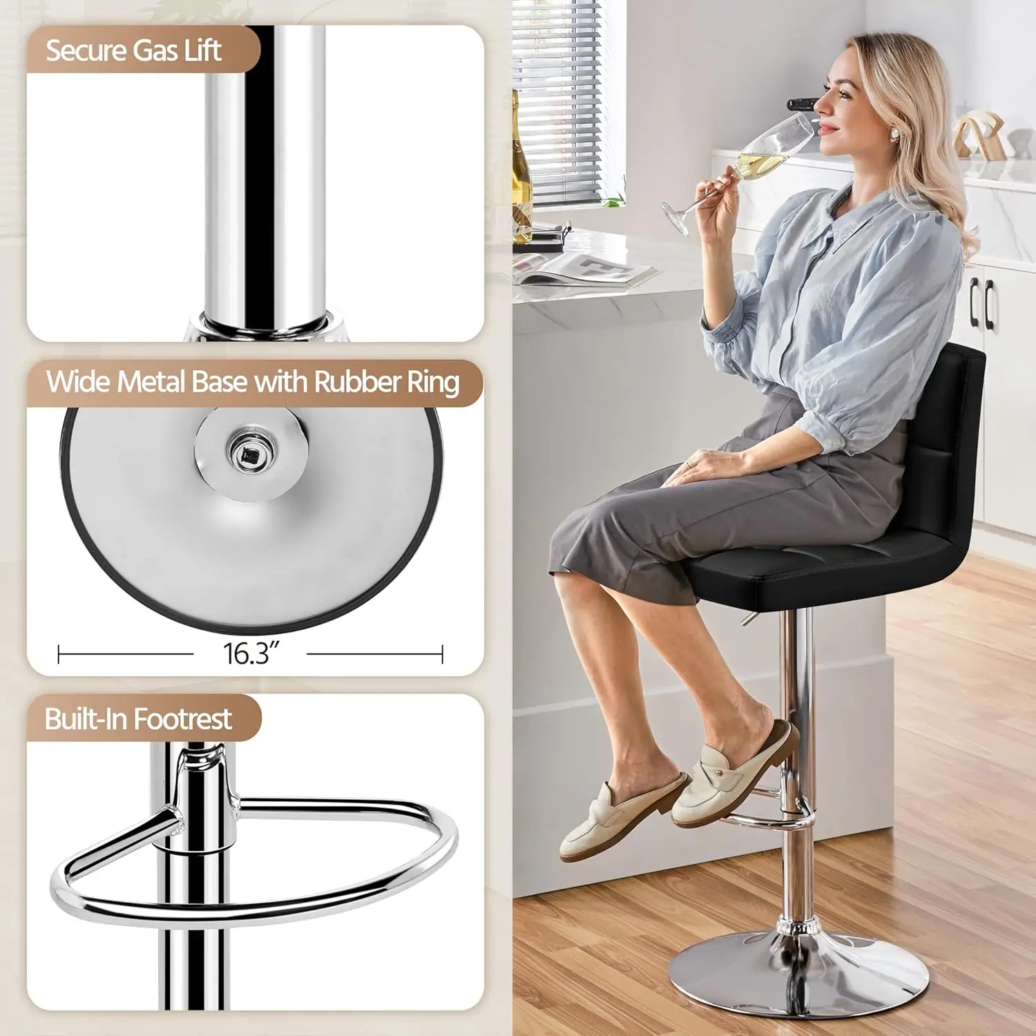 Bar Stools Set of 4, PU Leather Swivel Barstools, Height Adjustable Counter Chairs, Modern Stools with Back for Bar Kitchen Isla