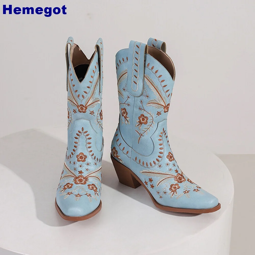 

Retro Embroidered Western Cowboy Boots Autumn New Pointed Toe Thick High Heels Ins Style Street Women Sports Casual Knight Boots