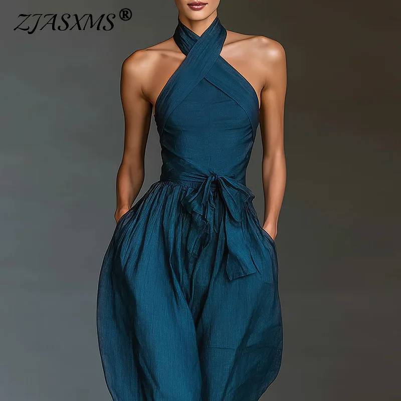

Chic Sexy Ciss Cross Halter Backless Jumpsuit Woman Spring Elegant Solid Tie Waist Romper Summer Hollow Wide Leg Pocket Overalls