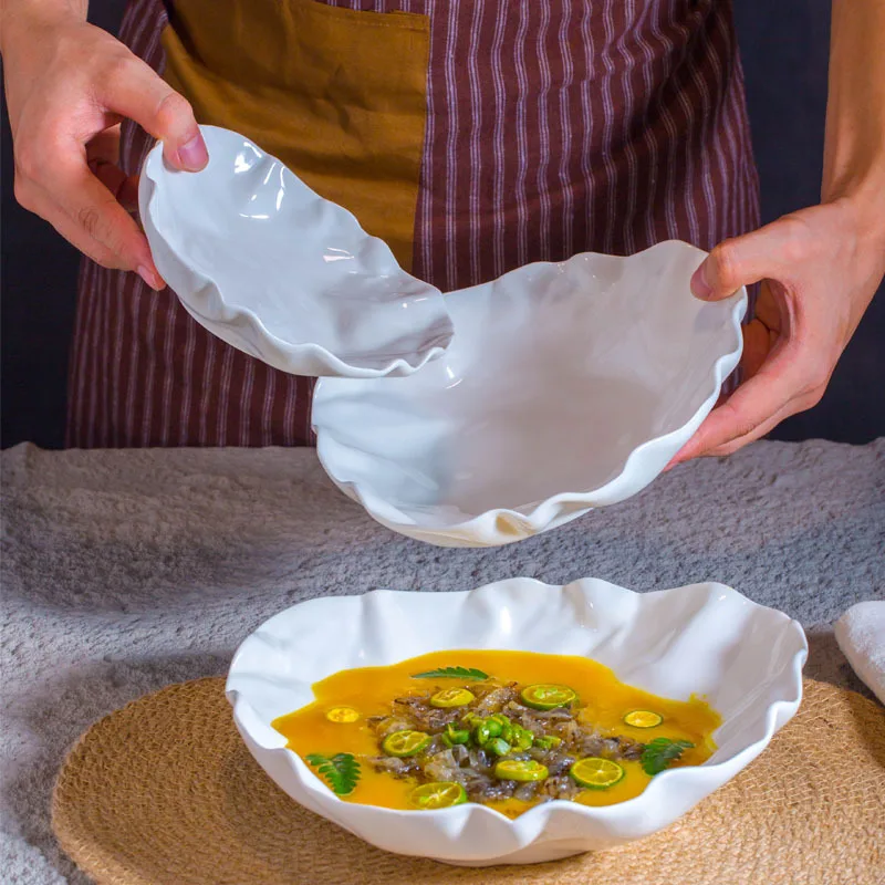1PC Ruffled Deep Plate Bowl Premium Japanese Style Tableware Ceramic Salad Dish Household Commercial Decorative Tableware