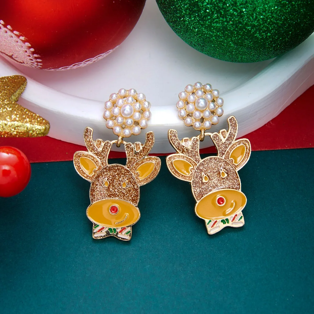 Weihnachtliche Zierliche Ohrringe mit Rotem Schal und Hirschmotiv für Damen, Bunte Strass-Rentier-Elch-Tier-Ohrringe, Neujahrs-Schmuck – Detail 25