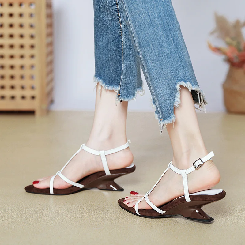 เปิดนิ้วเท้ารองเท้าแตะหญิงสายรัดข้อเท้า Clogs Wedge Peep หญิงชี้แพลตฟอร์มเรื่องอื้อฉาวสายรัดข้อเท้า Clogs Wedge รองเท้าแตะหญิงเปิด T