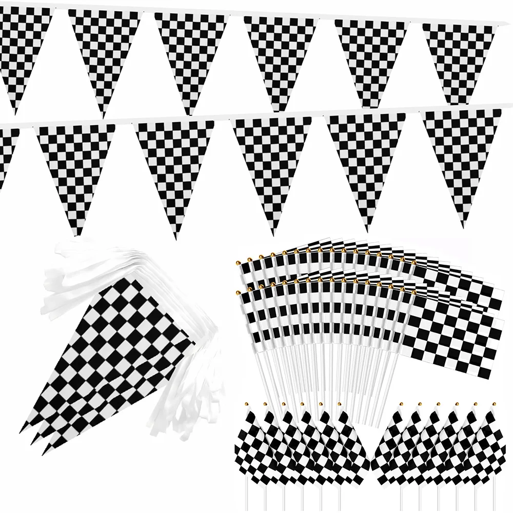 

Checkered Black White Racing Flag Banner String Race Hanging Flags Decor Racing Stick Flag Small Mini Hand Held Race Car Flags