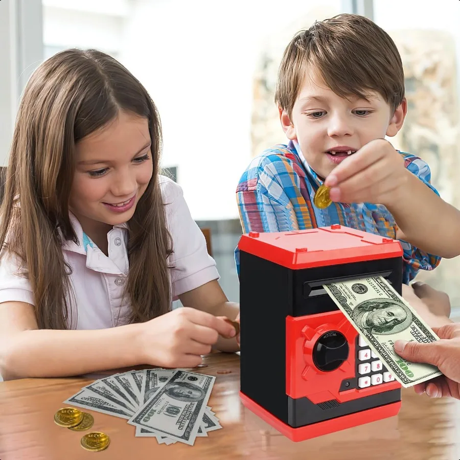 علبة نقود معدنية إلكترونية بكلمة مرور ATM من Piggy Bank يمكن التمرير التلقائي على صندوق توفير المال الورقي هدية باللون الأحمر