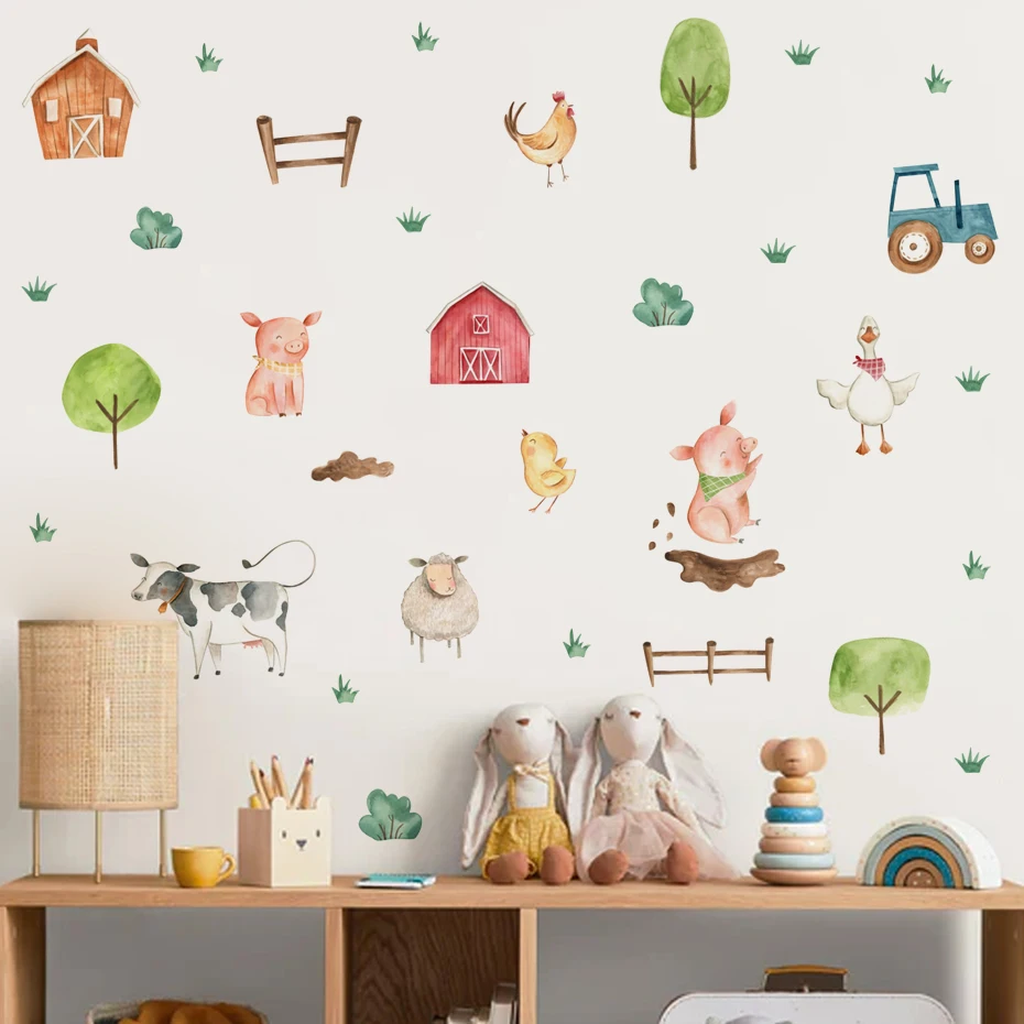 Boho Watercolor Cute Farm Animals Pig Cattle Wall Stickers for Kids Room Baby Nursery Room Wall
