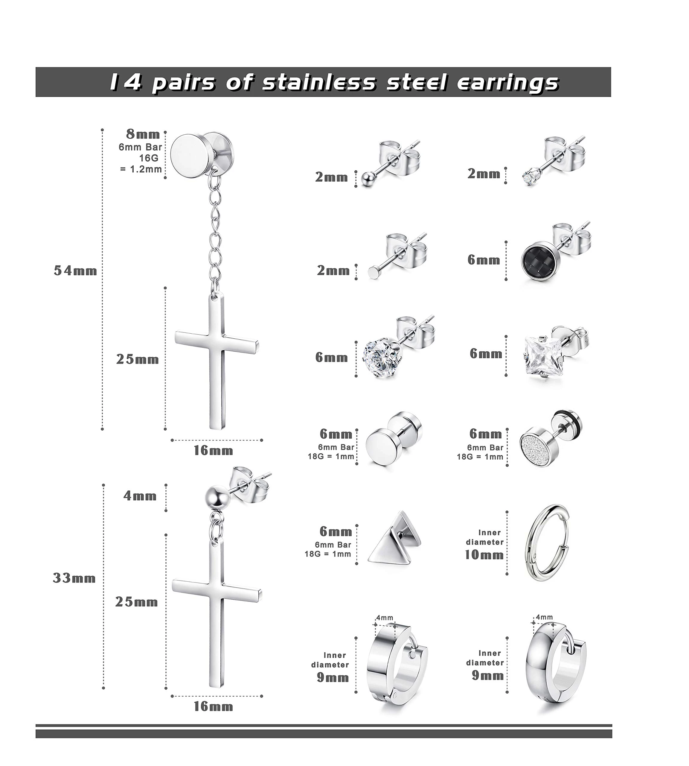1〜14ペアのステンレス鋼の小さなイヤリング,男性用のフード付きイヤリング,クロスデザイン,ヒンジ付きイヤリングのセット,シルバー