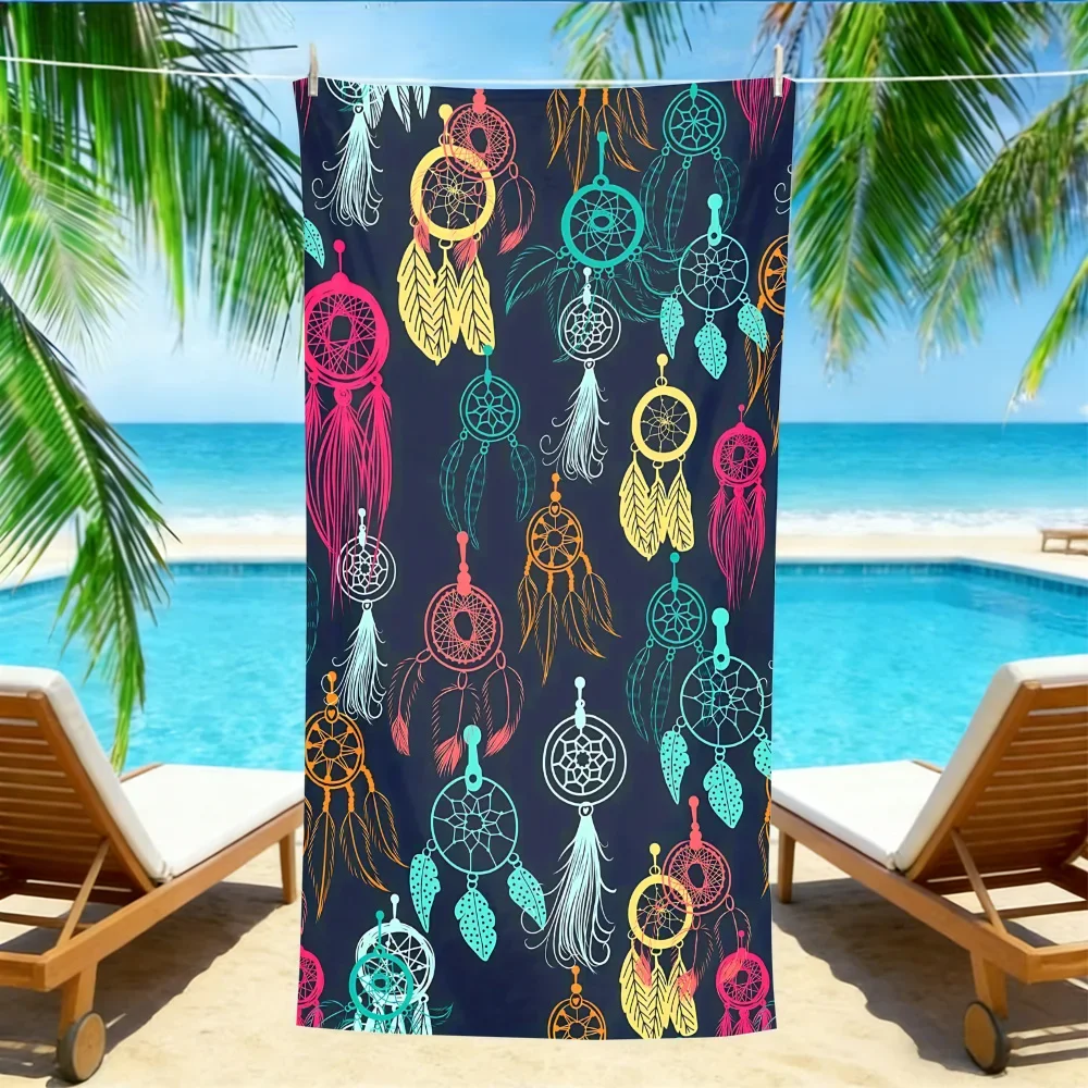 Boho Dreamcatcher Beach Towel – Oversized Quick Dry Sand Free with Colorful Feather Print