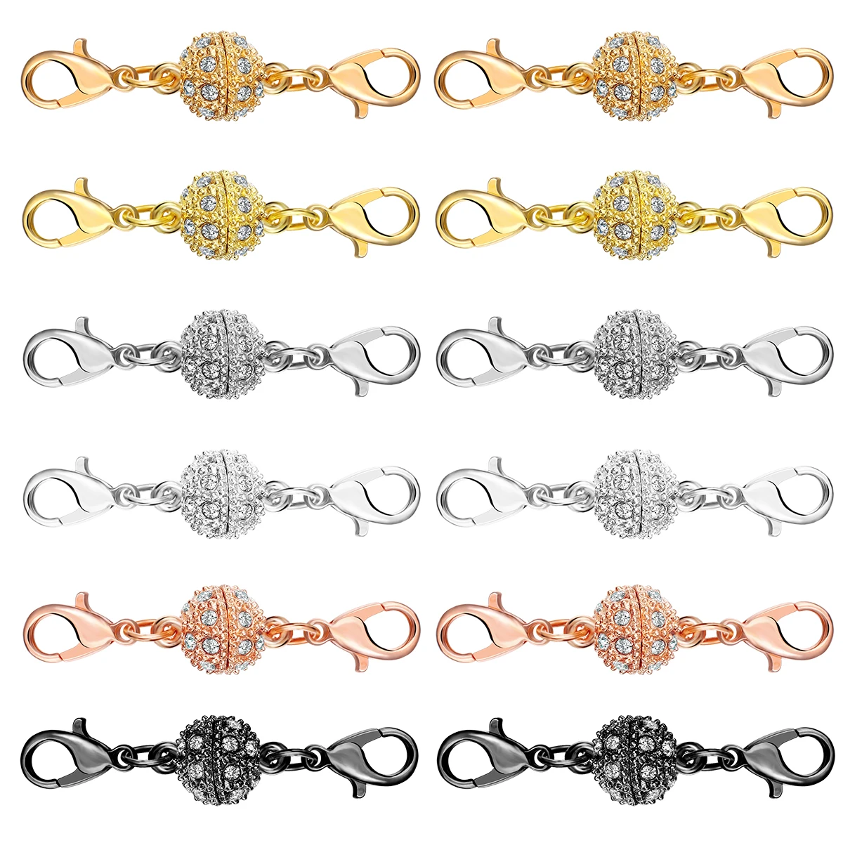 5 Sets Runde Magnetverschlüsse mit Strasskugeln und Karabinerverschluss für DIY-Armbänder, Halsketten und Ketten-Endverbinder – Detail 4