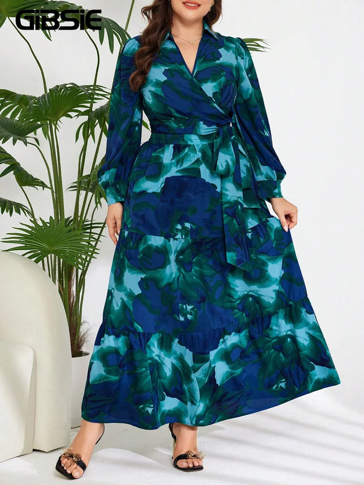 

GIBSIE Plus Size Two Piece Set Women Spring And Autumn Long Sleeve Wrap Tie Side Crop Top Casual Elastic Waist Ruffle Long Skirt