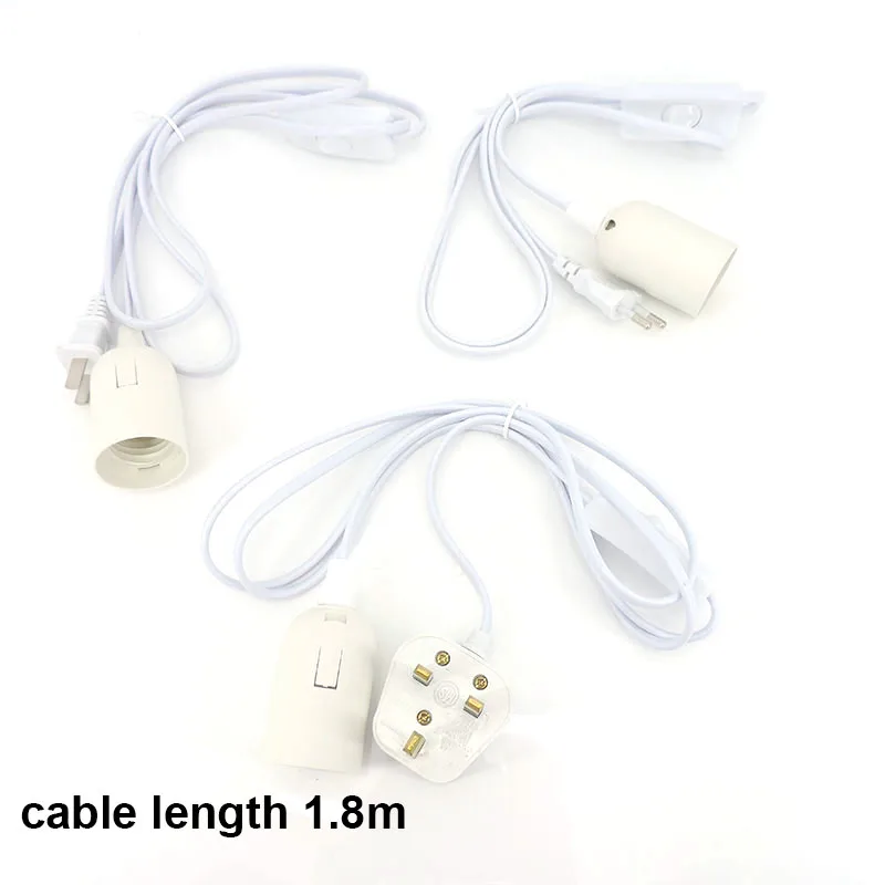 white E27 AC Power Cord Cable 1.8M Socket  lamp Base Holder EU us UK plug eclectical led Lamp Bulb Light Adapterswitch wire t1