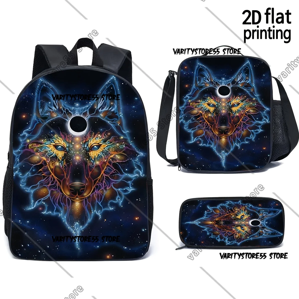 

Рюкзак Enigmatic Neon Wolf Galaxy для студентов, школьный ранец, сумка для ноутбука, наплечная сумка, 3 предмета: термосумка для обедов, пенал