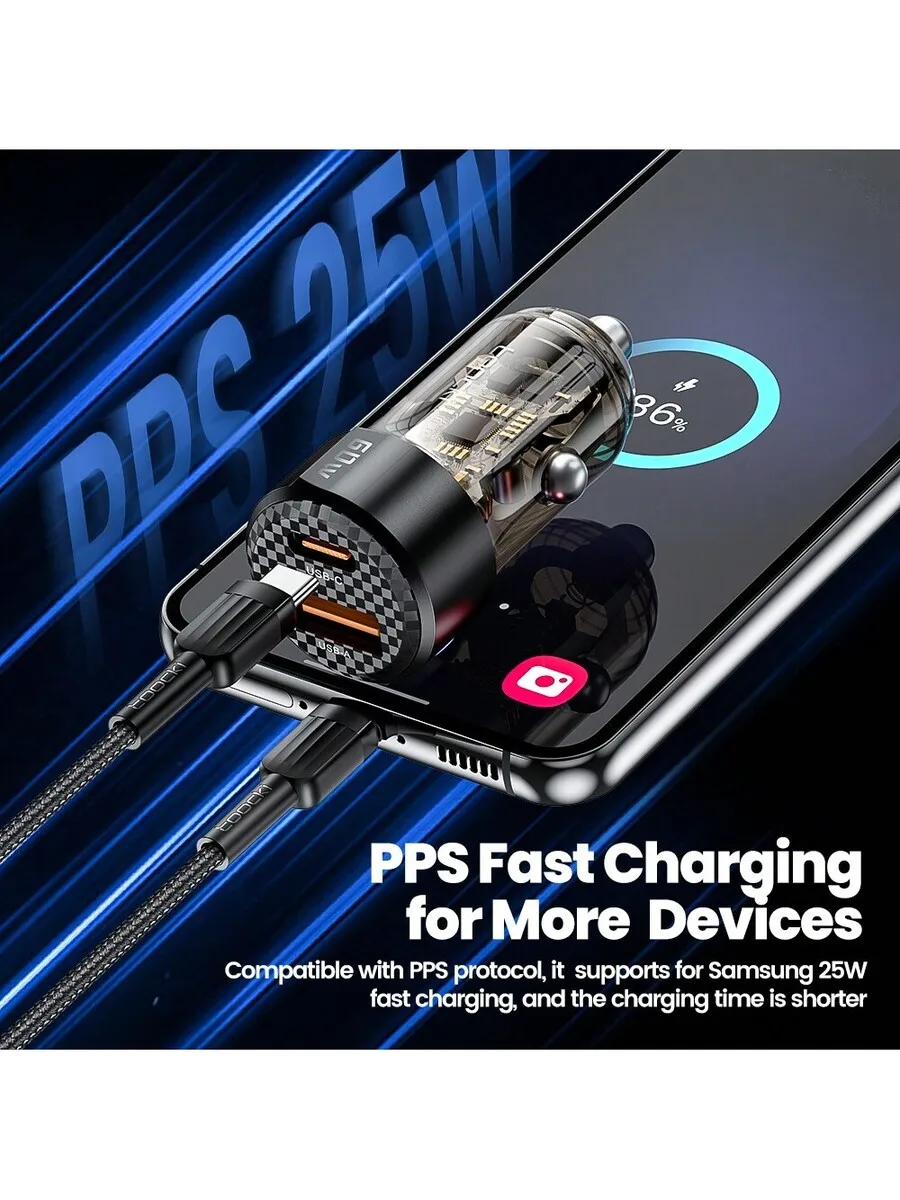 Transparent USB C Car Charger PD QC 3.0 Fast Charging 60W For iPhone Android