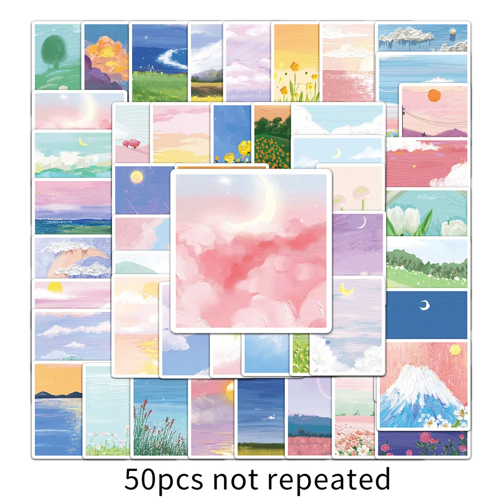 50-Piece Set Of Cartoon Landscape Oil Paintings, Creative Graffiti Waterproof Stickers, Personalized Trendy Helmet Decals