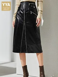Women Zippers Moto Biker Crocodile Pattern Real Sheepskin Skirt Slim Fit High Waist A Line Genuine Leather Skirt OL Wrap Skirt