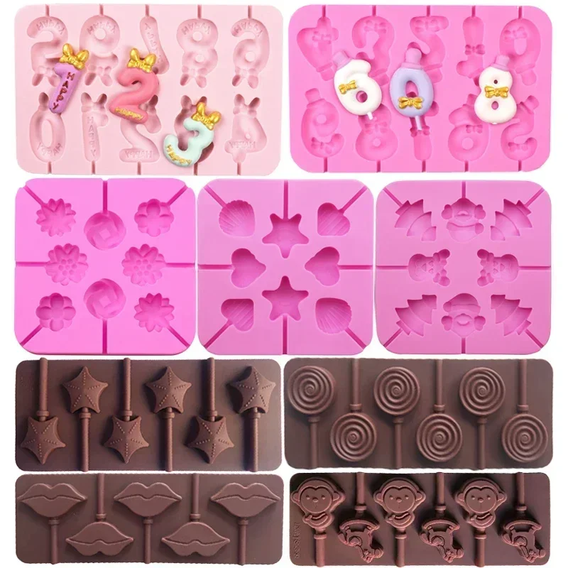 Silicone Lollipop Mold Flower Animal Jelly Candy Chocolate Soap Mold Birthday Christmas Cake Decorating Tool Baking Accessories