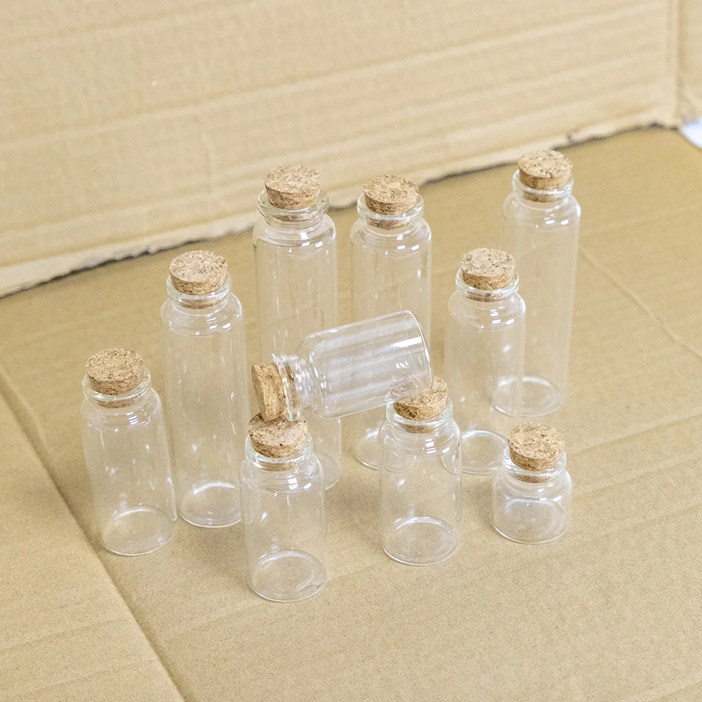 10ml/15ml/20ml/25ml/30ml/40ml/50ml/60ml Corks Glass Bottles Stopper Crafts Jars Transparent Empty DIY Small Vial Bottles 12Pcs