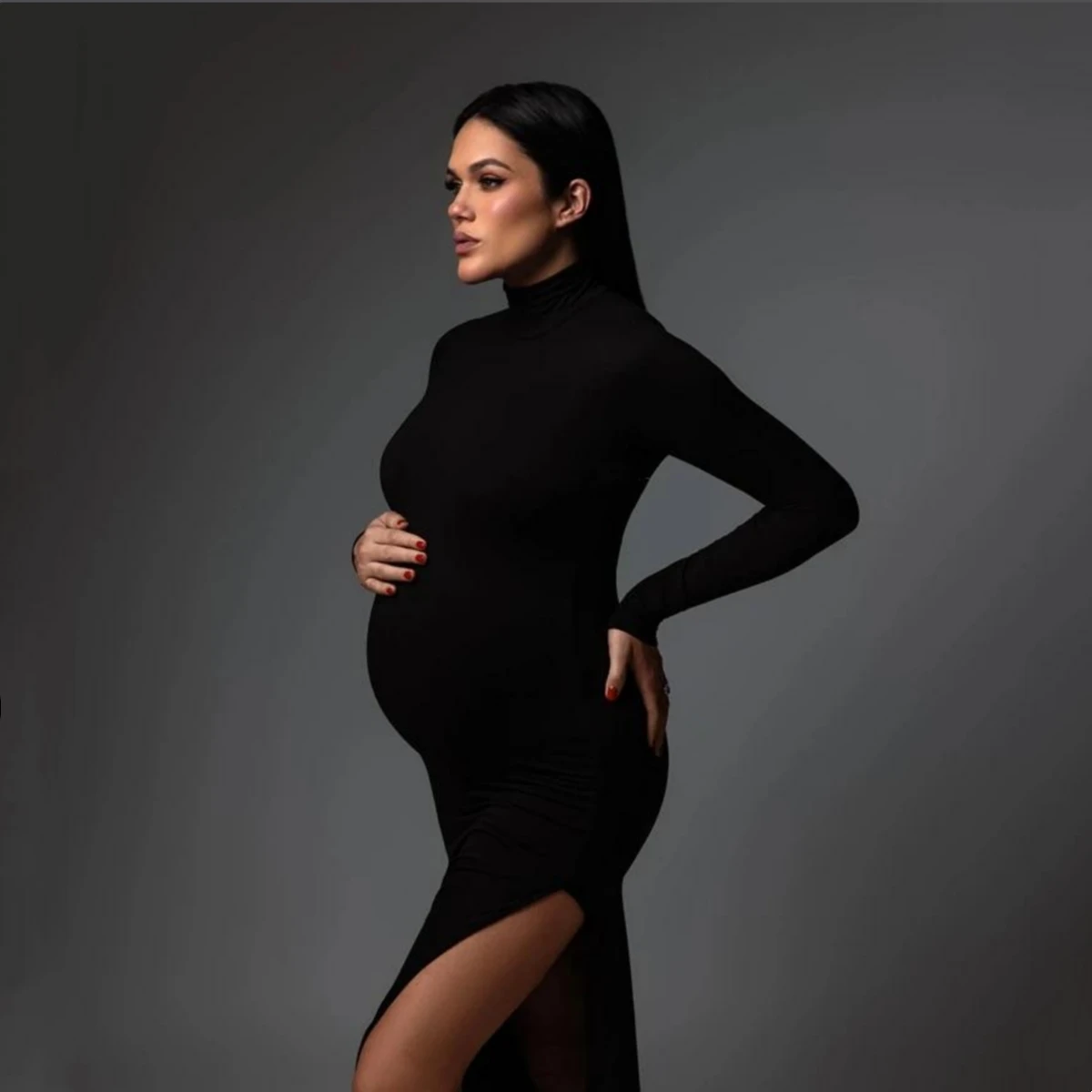 Sexy Bodycon Sides Slit Baby Shower Dresses Long Sleeve Stretchy Maternity Photo Shoot Dress