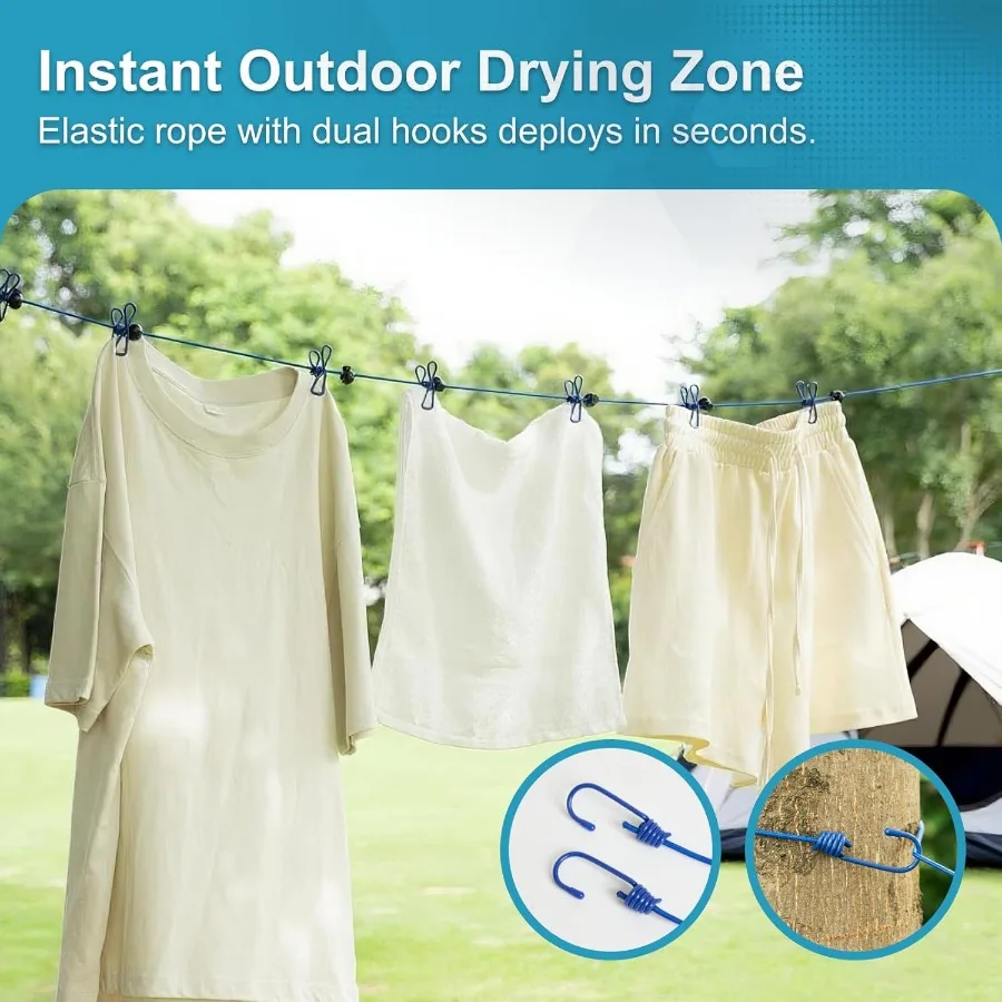 عبوتان من حبل الغسيل المحمول للتخييم للسفر مع 12 مشبكًا، مجموعة حبل غسيل قابلة للسحب مقاومة للرياح باللون الأزرق للتخييم في رحلة المنزل #2
