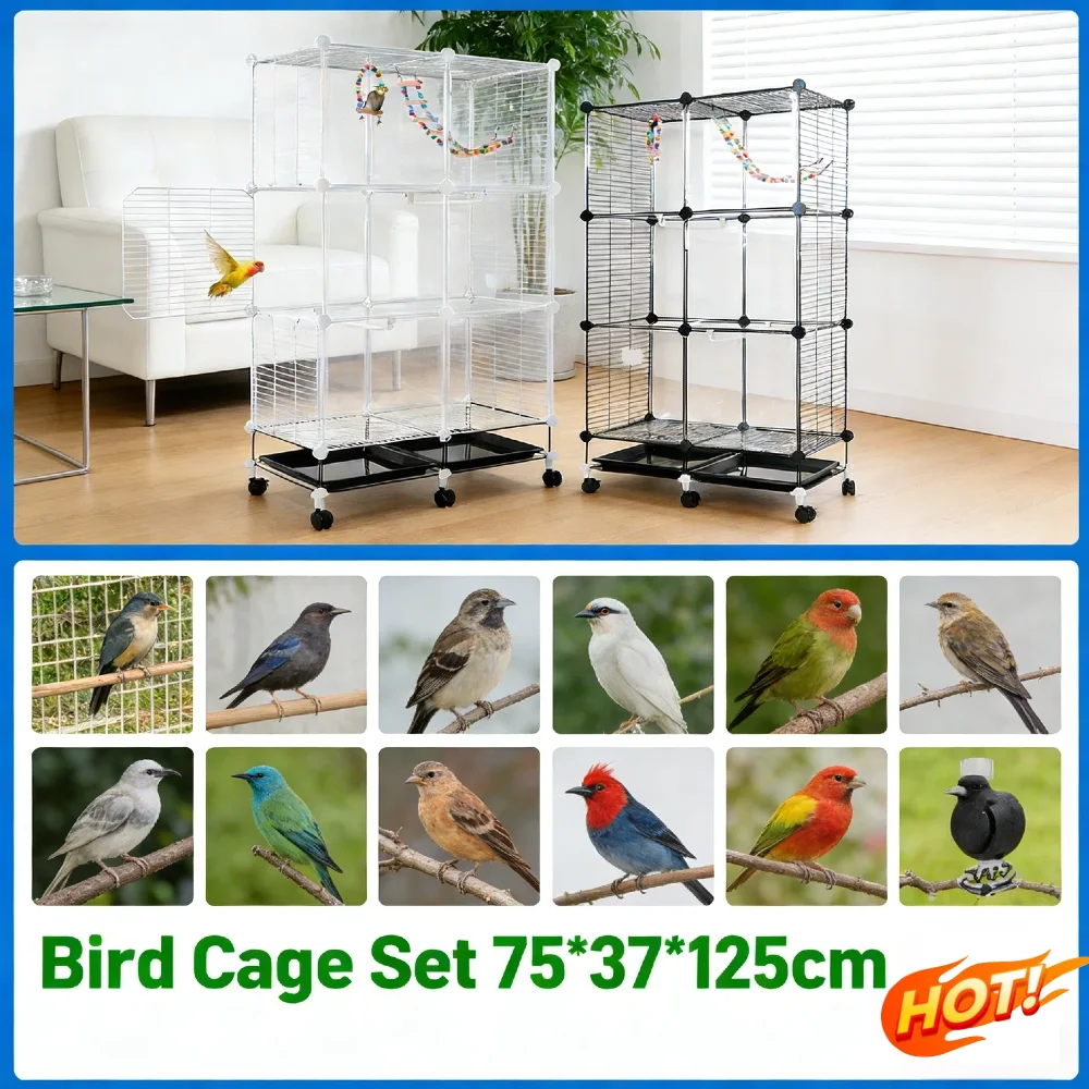 

Big Bird House Metal Parrot Cage with Rolling Stand 360° Hollow Ventilation Elevated Base Swing Ladder Tray for Cockatiels Budgi