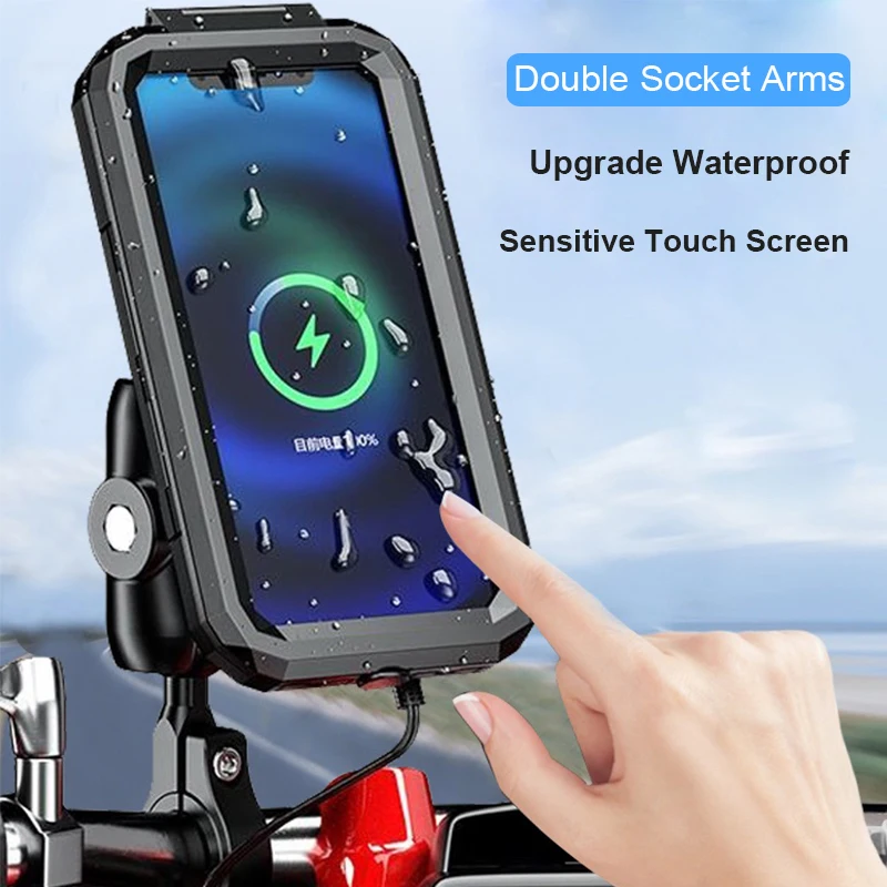 Motorcycle Phone Holder Waterproof Case Wireless Charger Type-C USB Charging Motorcycle Mount Double Socket Arm Handlebar Mirror