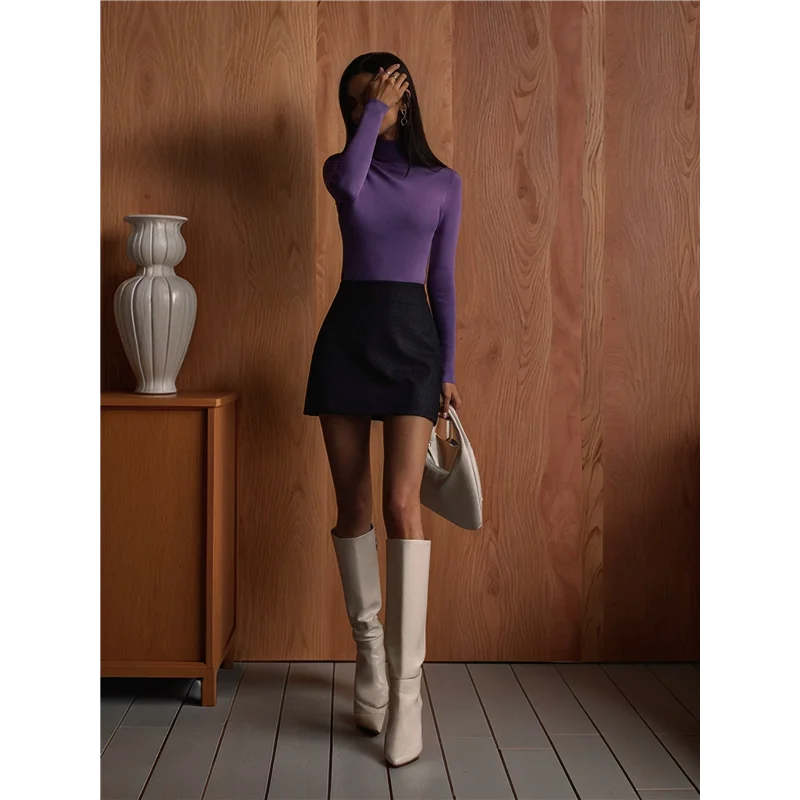 Damesshirt met lange mouwen Herfst- en wintermode Basic thermisch ondergoed Tops Paars S