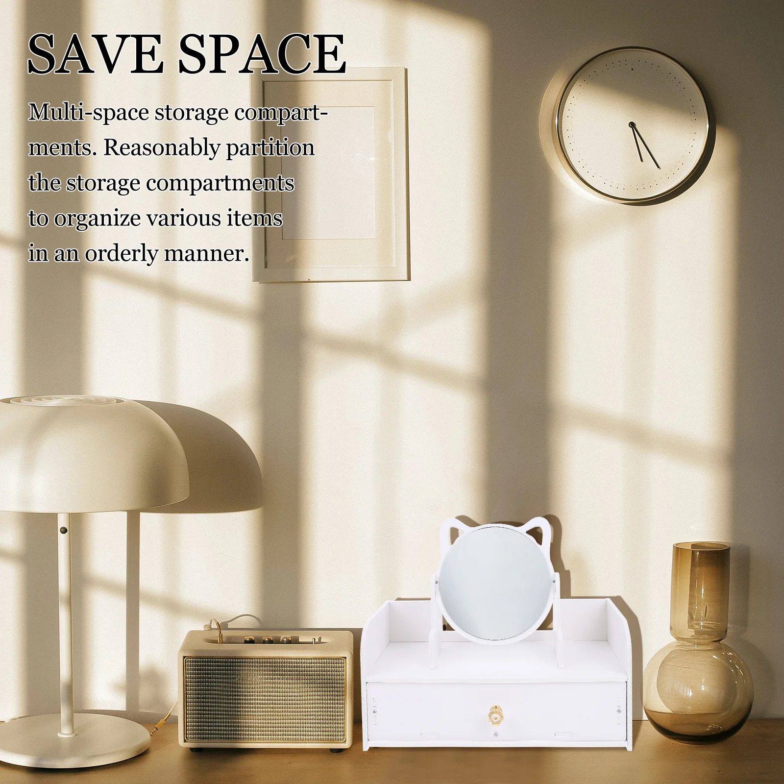 مرآة مكياج لسطح المكتب، حامل ثابت رائع، سطح مكتب مختلف، تخزين مريح متعدد الوظائف #2