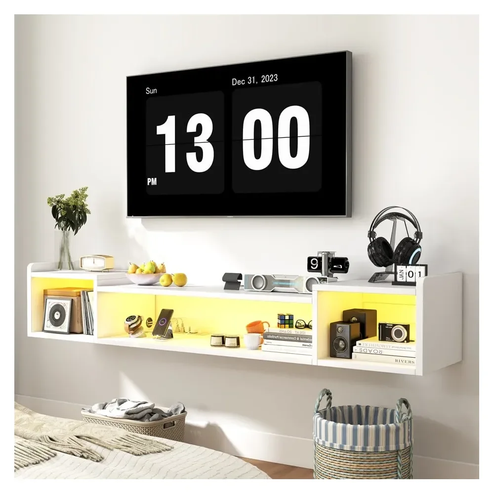 

Modern Floating TV Stand With LED Lights Power Outlets, Wall Mounted Media Console For 60 65 70 75 Inch TVs, Entertainment Cent