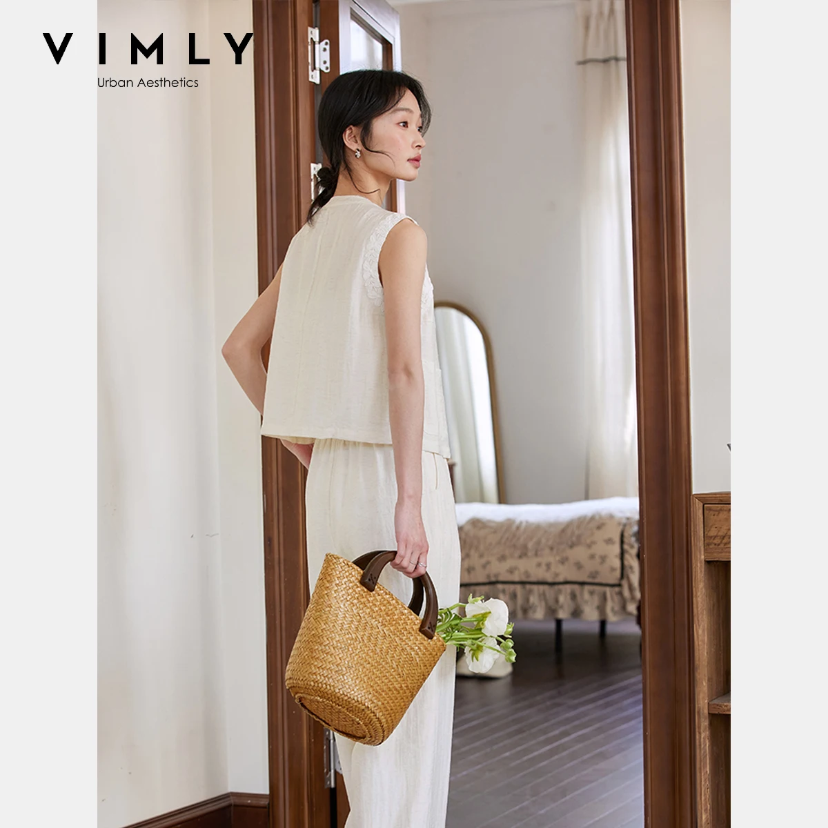 VIMLY Linen Blend Pant Set Two Piece Old Money Style Woman Summer Outfits 2026 Sleeveless Vest Wide Legs Pants Lady Suit A0820