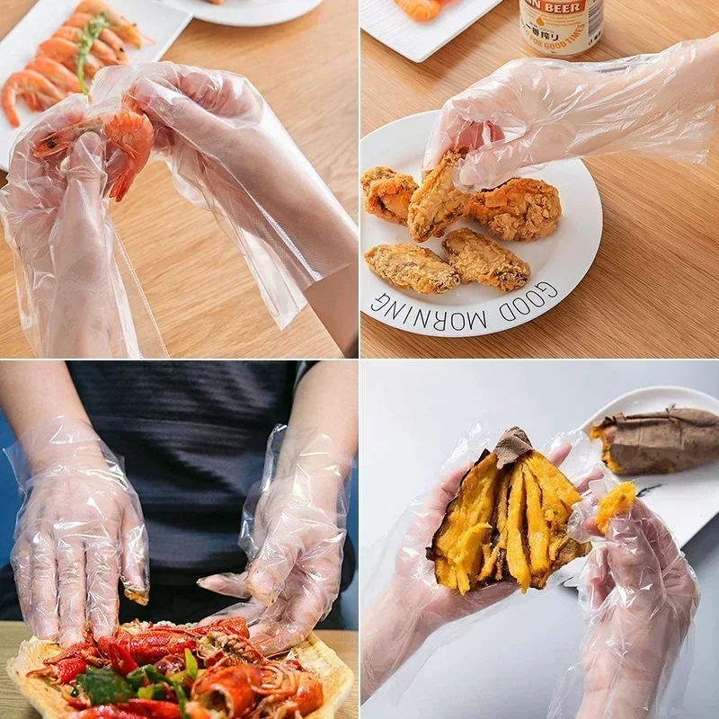 Transparent Disposable Gloves Plastic Waterproof Gloves for Kitchen Restaurant Fried Chicken BBQ Disposable Tableware Wholesale