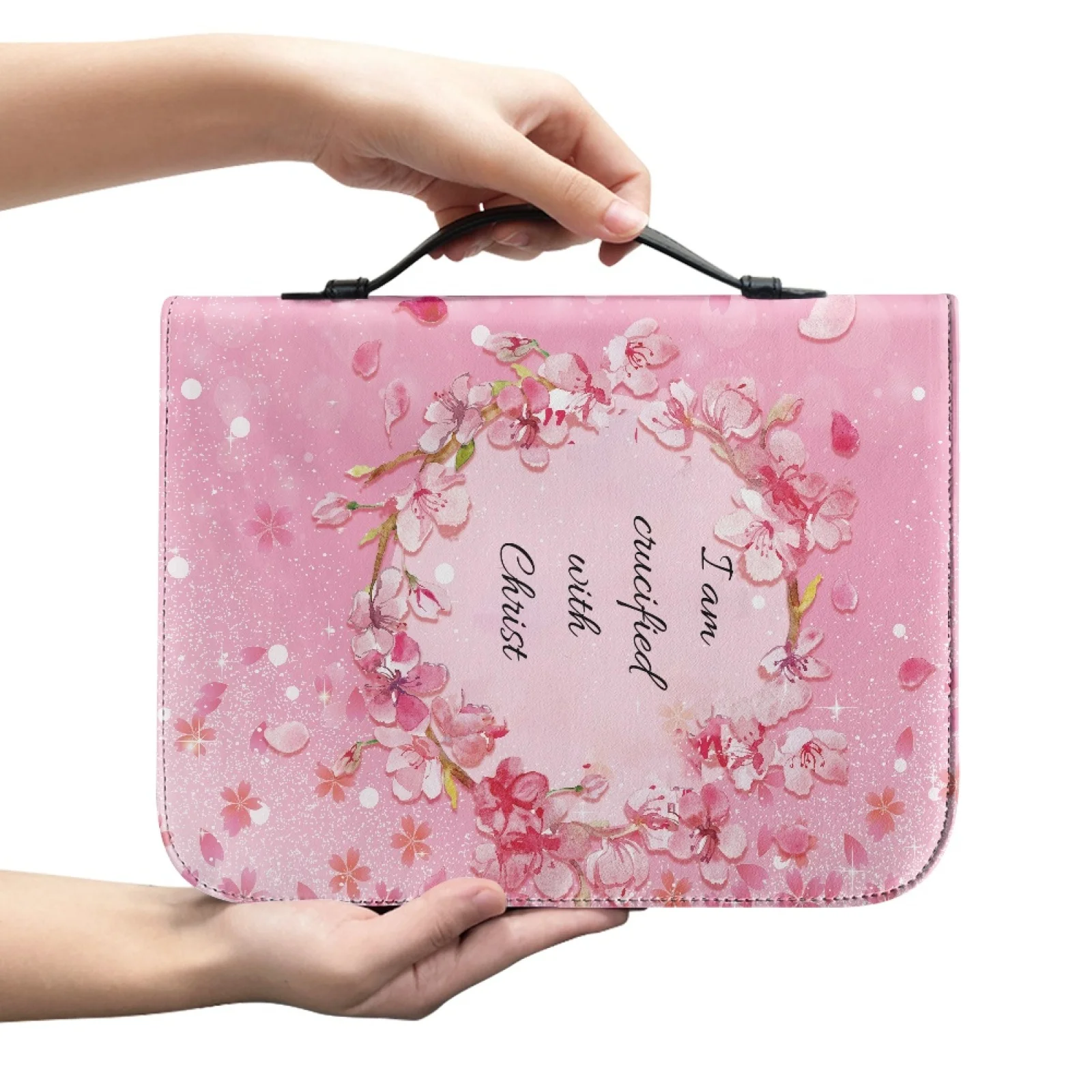 PENSTROLL Pink Cherry Blossom Print Bible Carrying Case PU Leather Bookmark Belt Bible Covers for Outdoor Study 2026 New