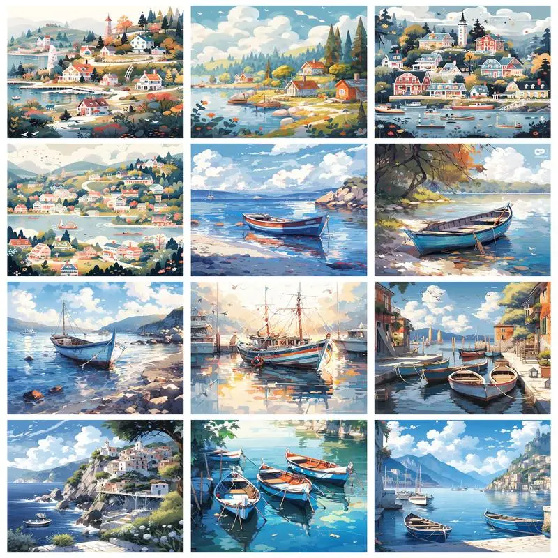 

RUOPOTY Painting By Number Coastal City Scenery For Adults Kits With Frame Modern Home Decor