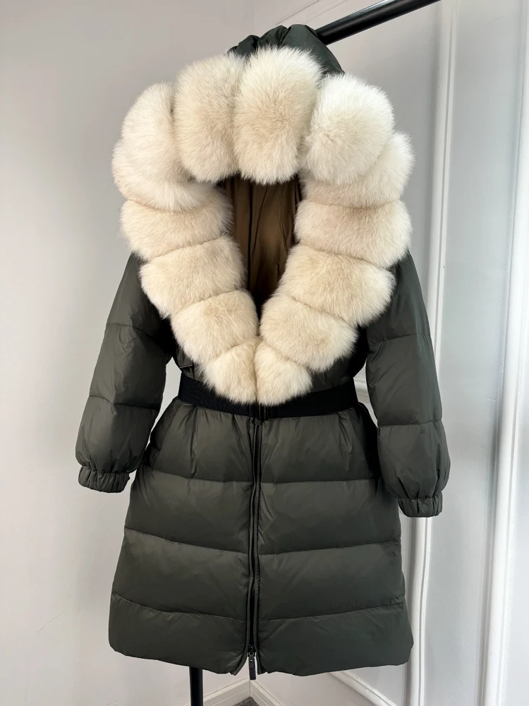 Janveny New Natural Thick Warm 90% White Duck Down Coat Long Winter Jacket Women Real Big Fox Fur Collar Belt Loose Puffer Parka