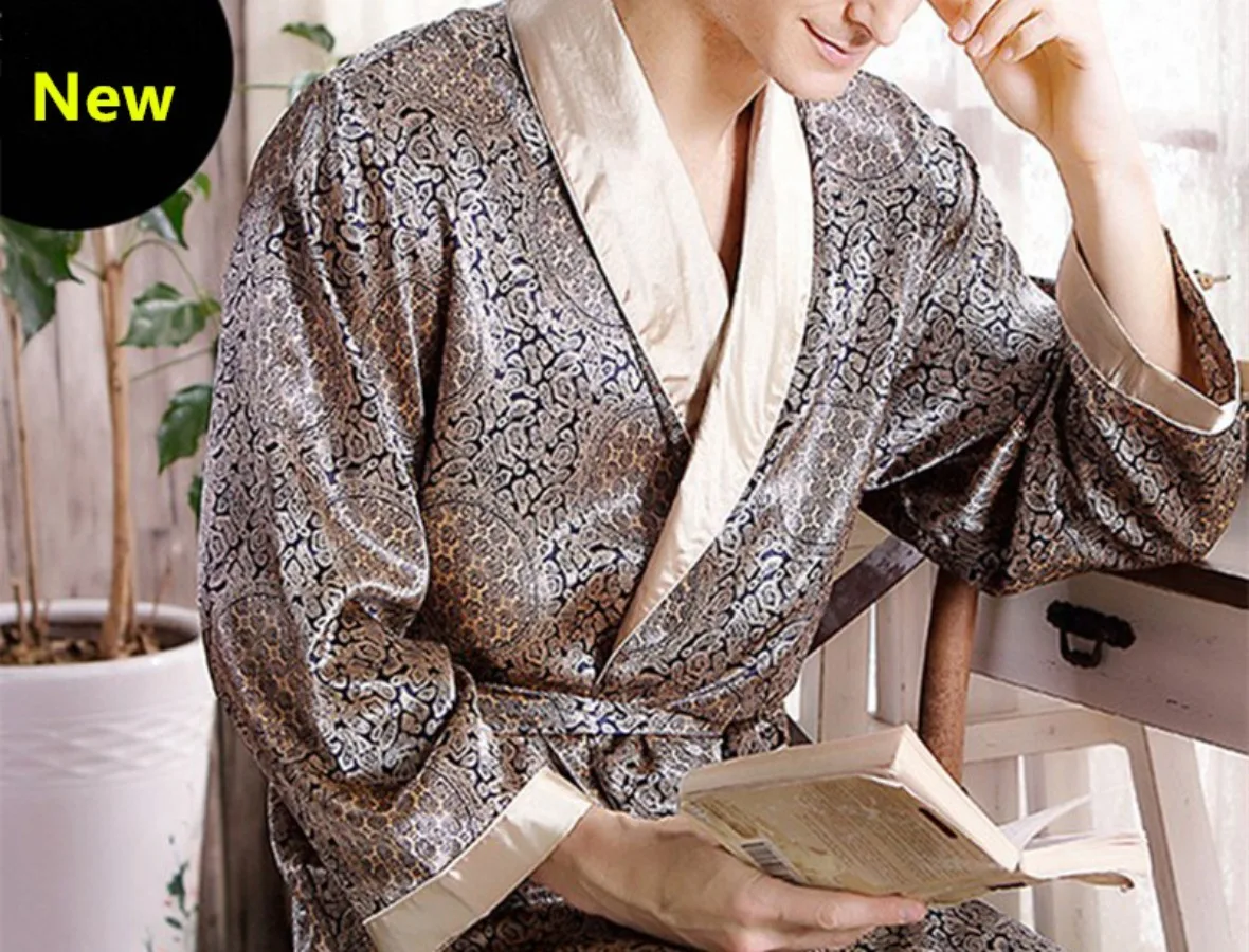 New 2024 Men\'s Luxury Pajamas Robes Silk Kimono Robe Long Sleeve Bathrobe Satin Nightgown Male Summer Home Clothing Oversize 5XL