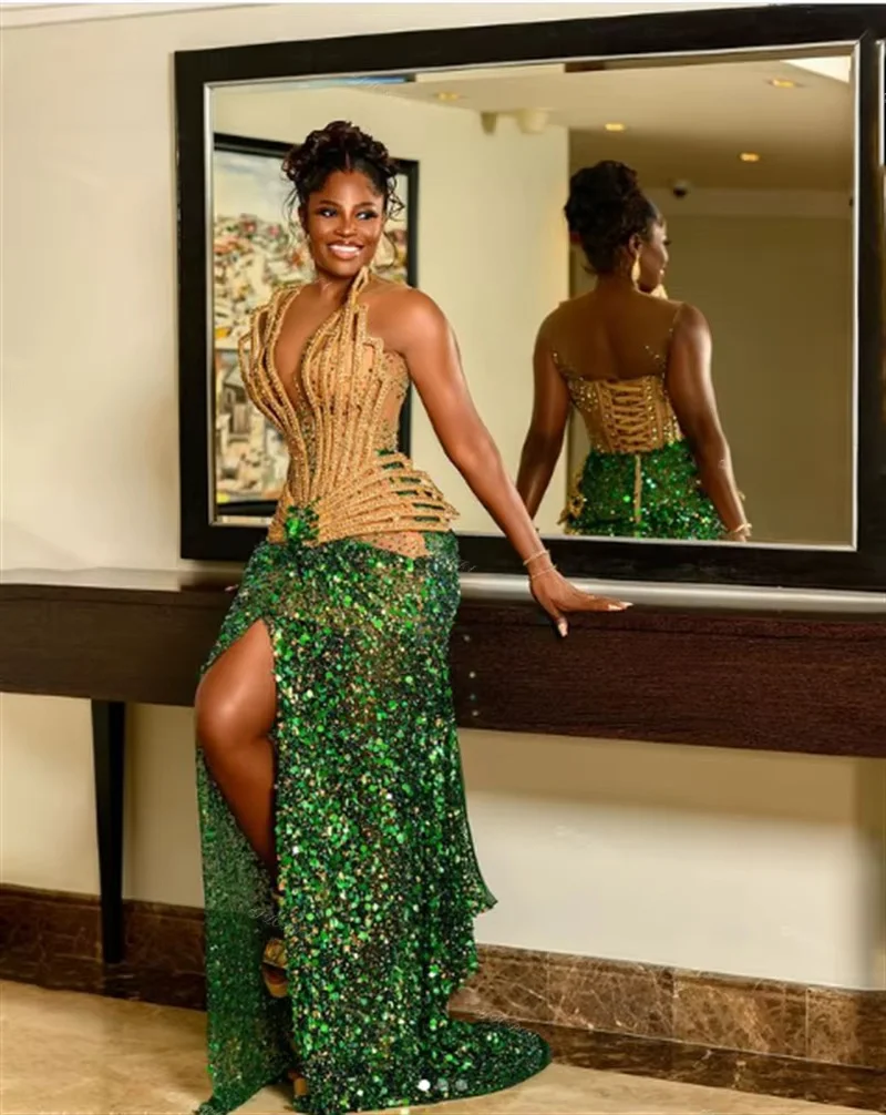 Green Long Evening Dresses Slit Sequins Beaded Saudi Arabia Dubai Robe De Soiree Middle Eastern Prom Dress Gown Customized