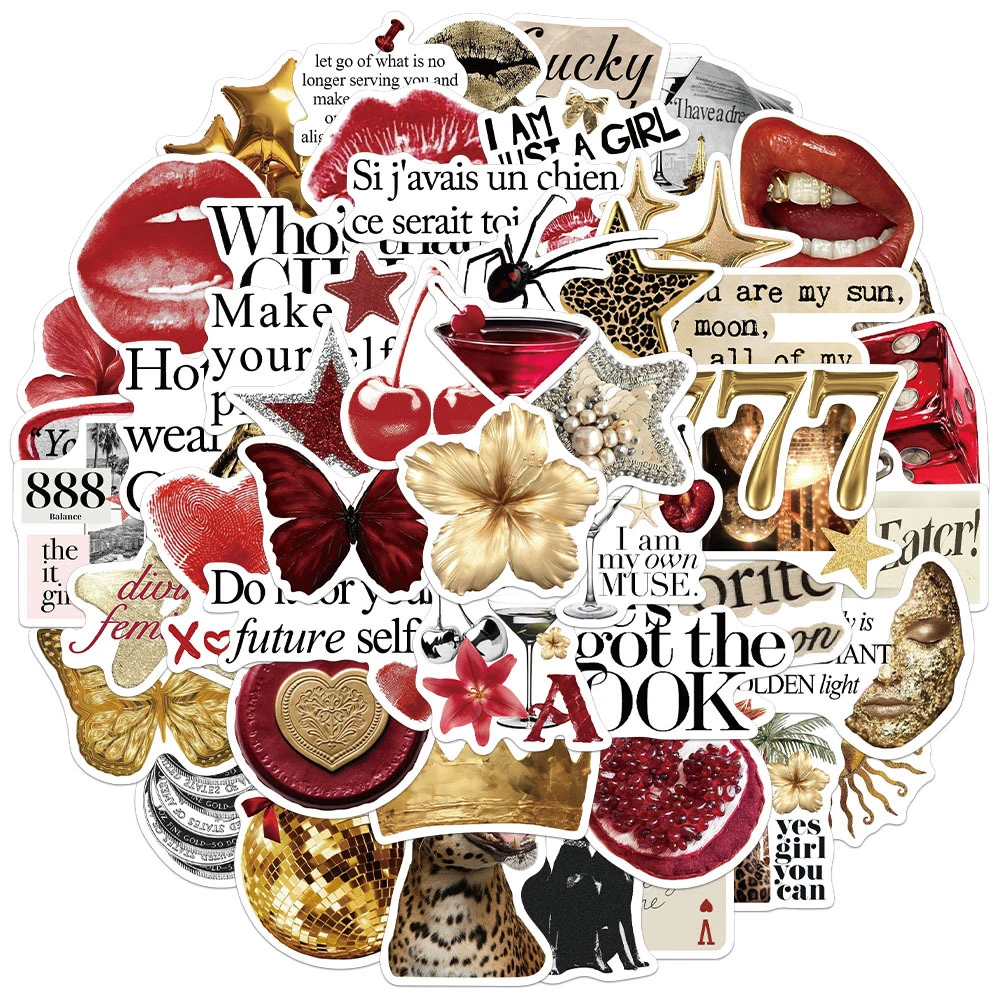

10/30/50pcs Retro Red Golden Graffiti Stickers Y2K Downtown Aesthetic Waterproof DIY Notebook Laptop Vintage Sticker Toys