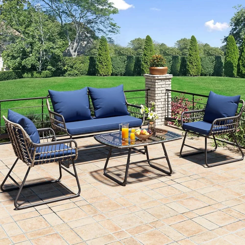 4-piece patio furniture wicker outdoor bistro set, rattan conversation two-seater armchair with upholstery, metal table