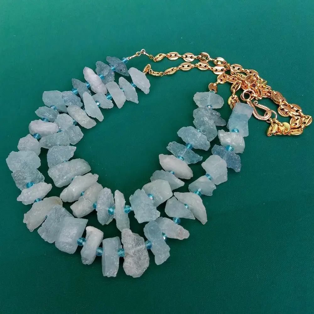 

YYGEM 2 Rows 8x17mm Natural Blue Aquamarine Rough Raw Bead Gold Plated Chain Necklaces