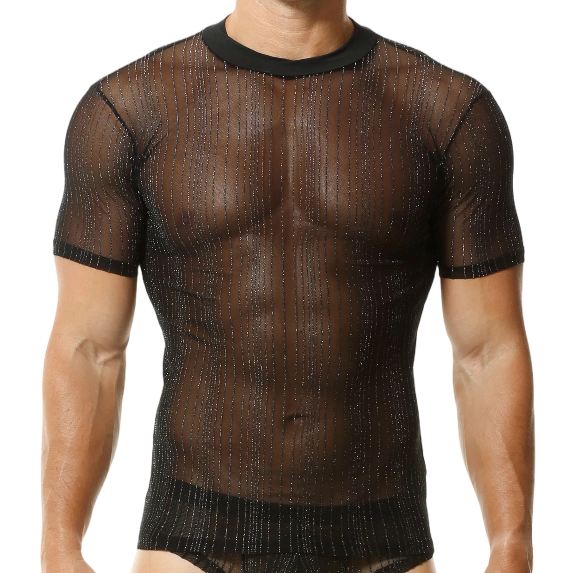Shiny Perspective Mens Short Sleeve Top Sexy Undershirts Ultra Thin Mesh Breathable Sports T-shirt Round Neck Casual Stretch Top