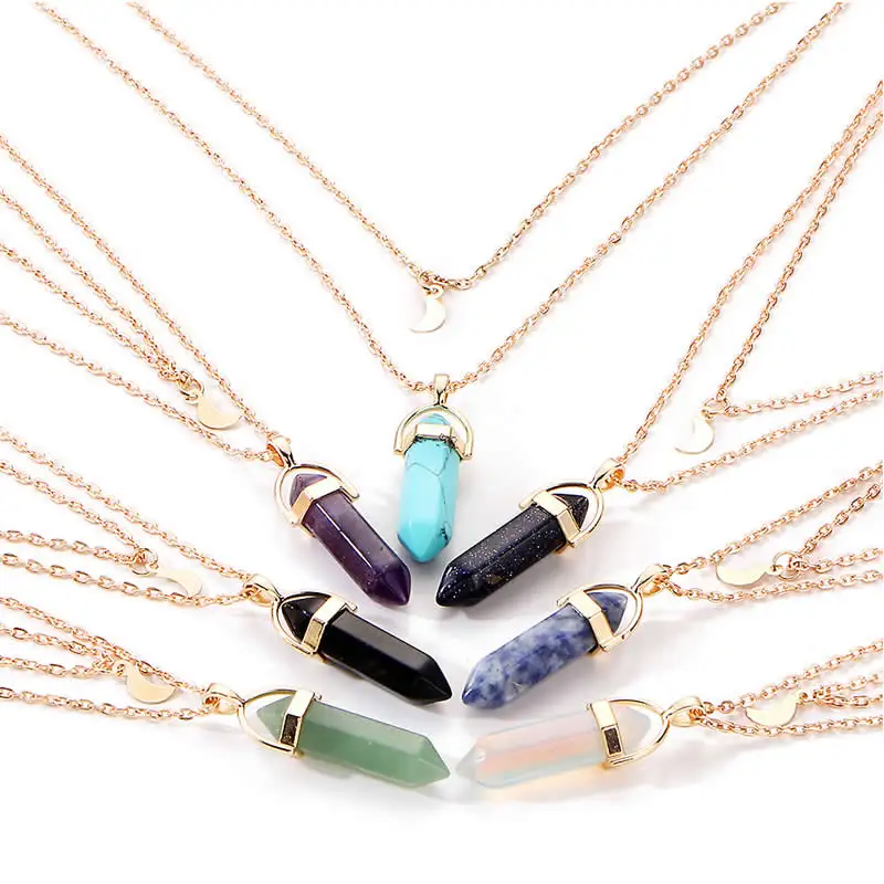 Hot sale Hexagonal Column Quartz Necklaces Pendants Fashion Natural Stone Bullet Pink Crystal Pendant Necklace For Women Jewelry