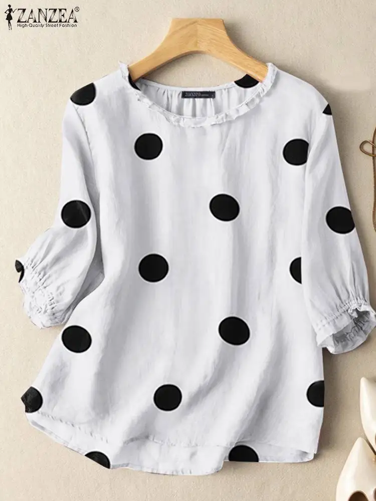 2023 Summer Polka Dots Printed Blouse Bohemian Ruffles Shirt Women O-Neck 3/4 Sleeve Beach Tops ZANZEA Female Elegant OL Blusas