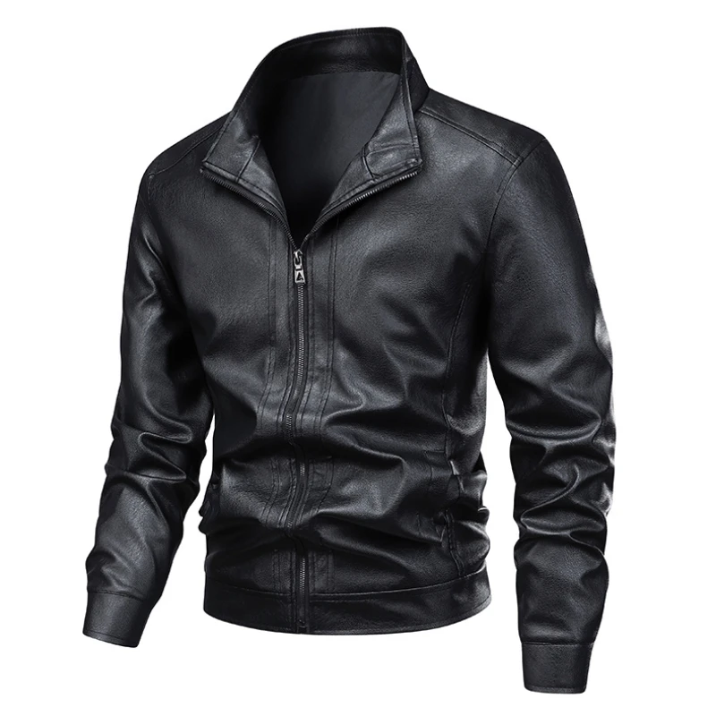 

Classic Fashion Pu Leather Jacket for Men Spring Autumn Windproof Male Streetwear High Quality Black Men Stand Collar Overcoat