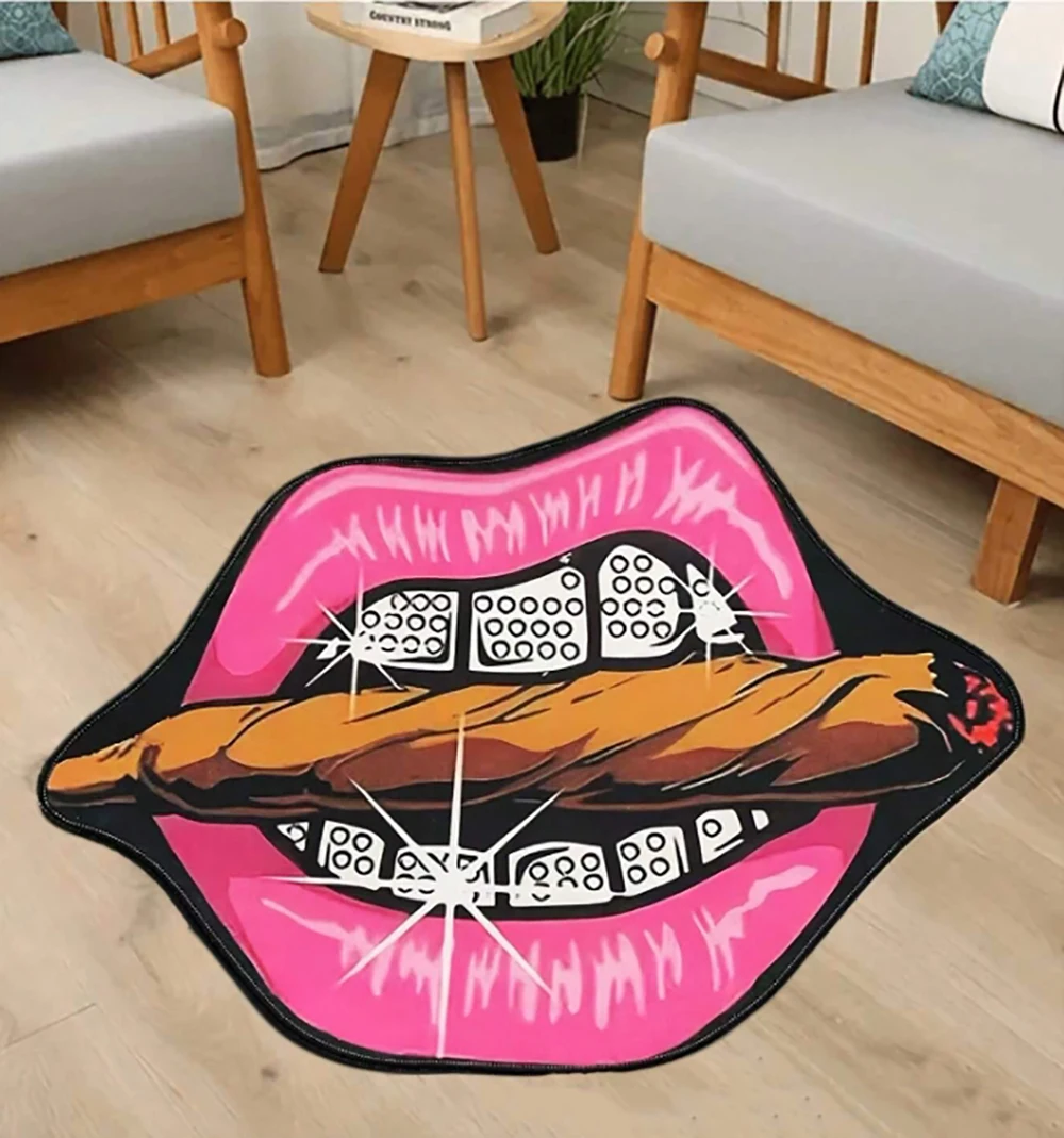 

Custom-Made Pink Lips Diamond Teeth Punk Style Printed Decorative Carpet For Living Room Bedroom Entrance Kitchen Bathroom