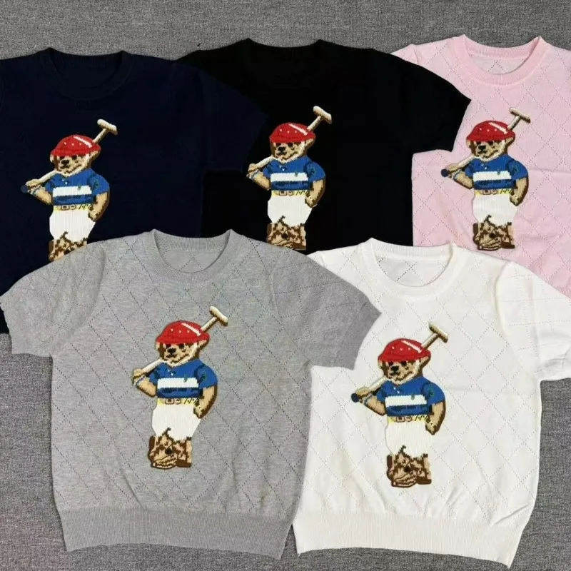 French Style Cartoon Bear Thin Knit Pullover Women Ice Cool Short Sleeve Sweater Jumper Cropped Tops Fashion Women's Polo Shirt