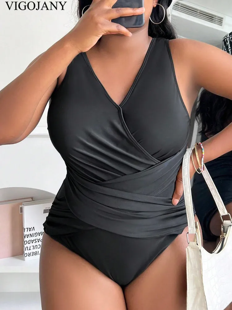 VigoJany 2024 Solid Strapped Plus Size Swimwear Women Cross Push Up Large One Piece Swimsuit Backless Beach Chubby Bathing Suit