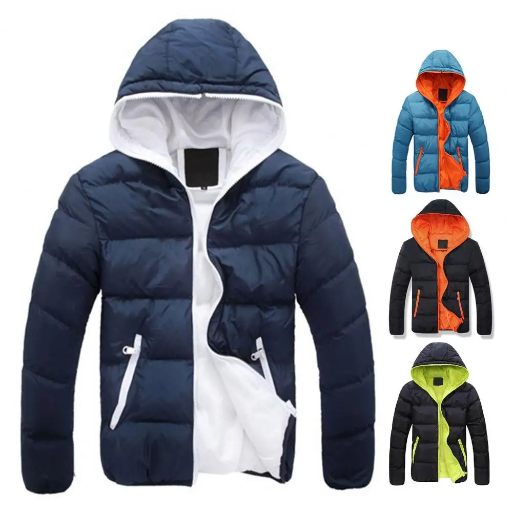 Slim Thickened Warm Coat Full Zipper Closure Cotton Coat Stylish Men's Winter Padded Jacket Hooded Drawstring Long Sleeve Zipper