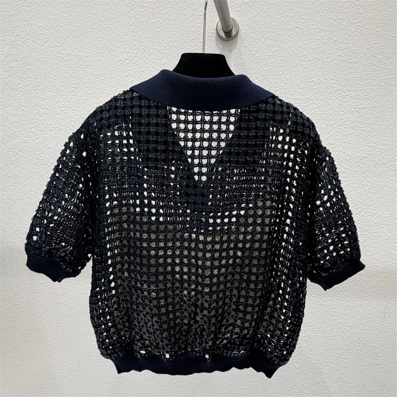 High-quality summer newHeavy-duty sequined polo short-sleeved top with lining women's fashionable casual mesh hollow-out T-shirt