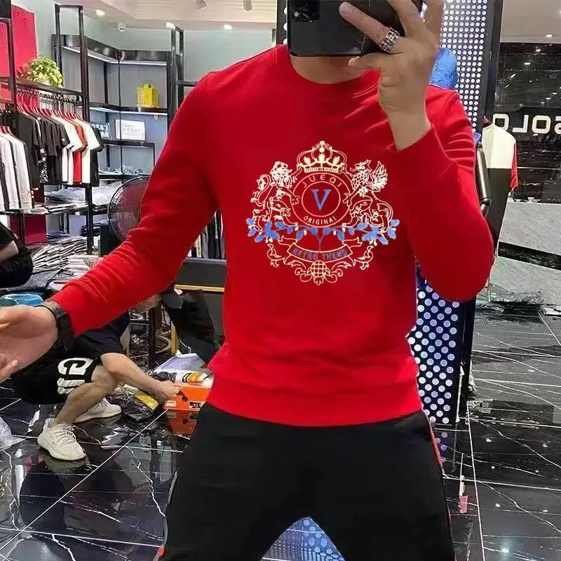 Spring and Autumn Round Neck Red Sweatshirt Men's Trendy Brand Fashion Distinctive Long Sleeve Sweatshirt Top Base Shirt