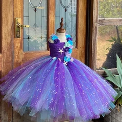 Mermaid Tutu Dress Purple Flower Cosplay Mermaid Birthday Dress Ocean Themed Party Costumes Purple Turquoise Mermaid Dresses