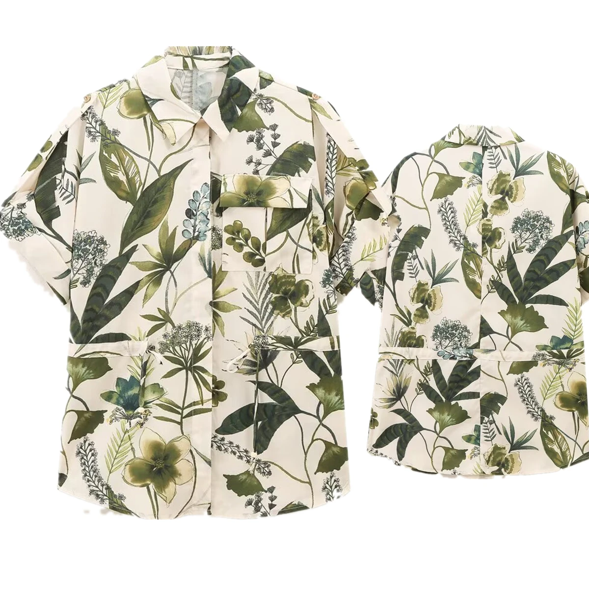 Maxdutti French Countryside Style Floral Print Shirt Women Tropical Rainforest Print Short Sleeved Shirt Blouse Top